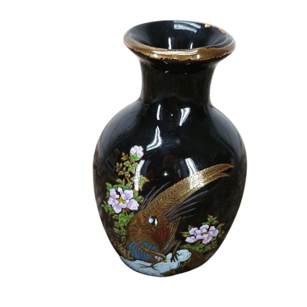 Vintage‎ Hand-Painted Black Ceramic Vase With Gold Rim & Bird Floral Design